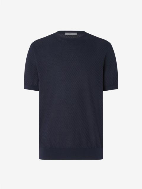 Navy blue ice cotton and silk polo shirt with zip