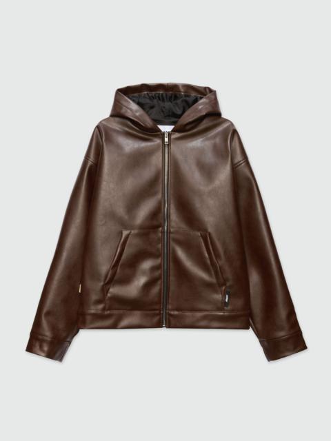 Brown textured faux leather hooded jacket
