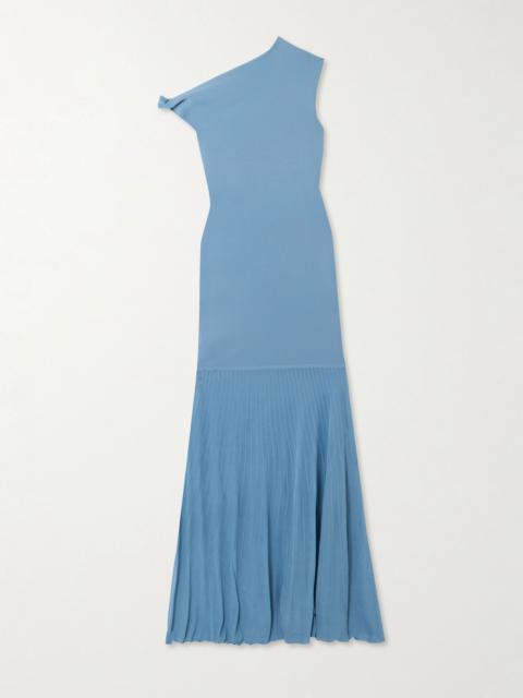 Twist off-the-shoulder pleated knitted maxi dress Blue