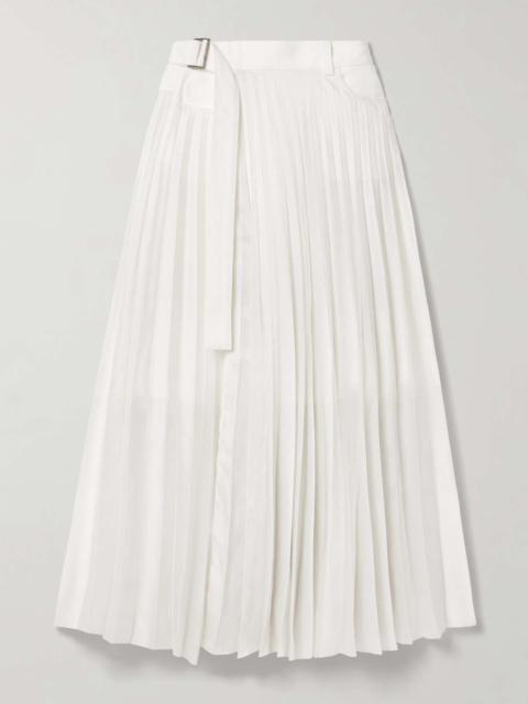 Belted denim-trimmed pleated satin midi wrap skirt