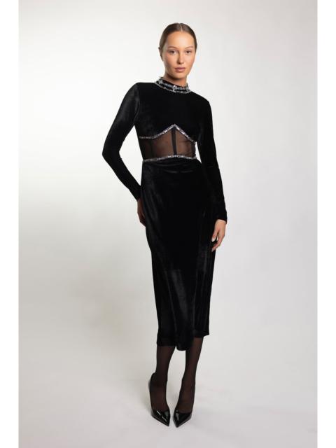 HAND-BEADED VELVET BUSTIER MIDI DRESS