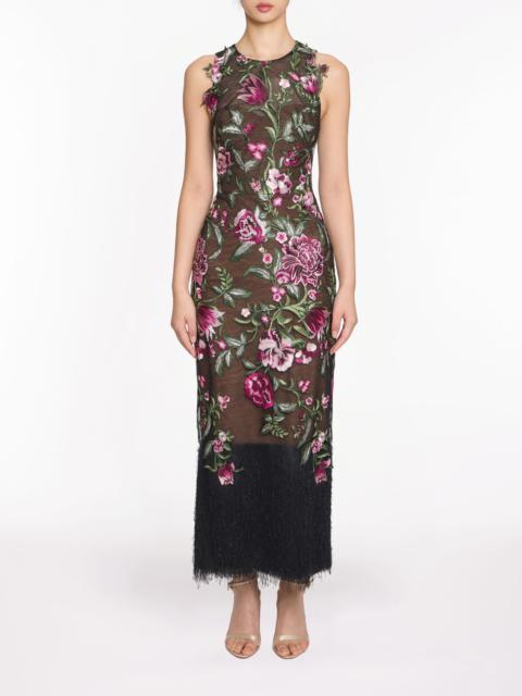 EMBROIDERED FRINGE MIDI DRESS