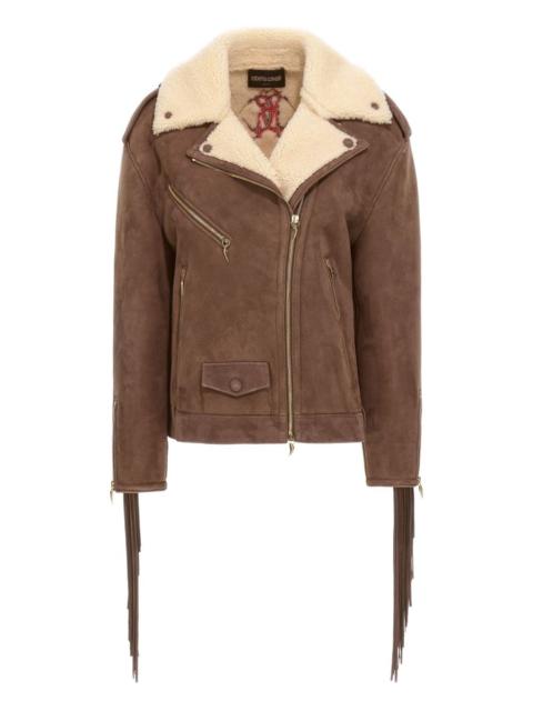 shearling-trimmed fringed leather jacket