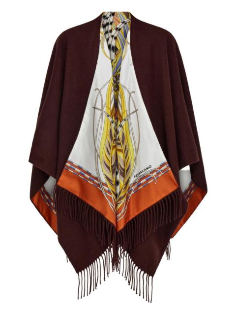 Rooster-print fringed reversible poncho