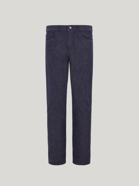 DARK BLUE REGULAR FIT FIVE POCKET COTTON AND SILK BLEND PANTS
