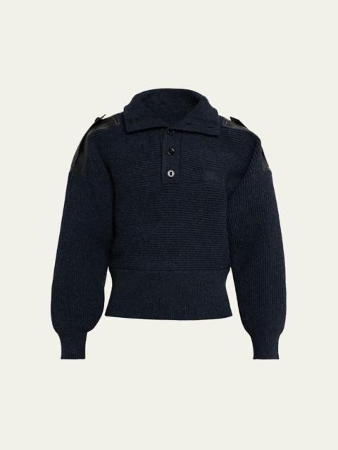Men's Wool Half-Placket Leather-Epaulette Turtleneck Sweater