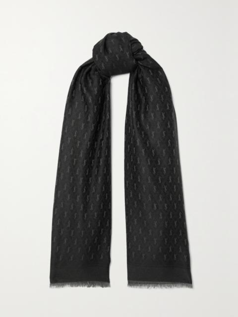 Fringed Wool, Cotton And Silk-blend Jacquard Scarf