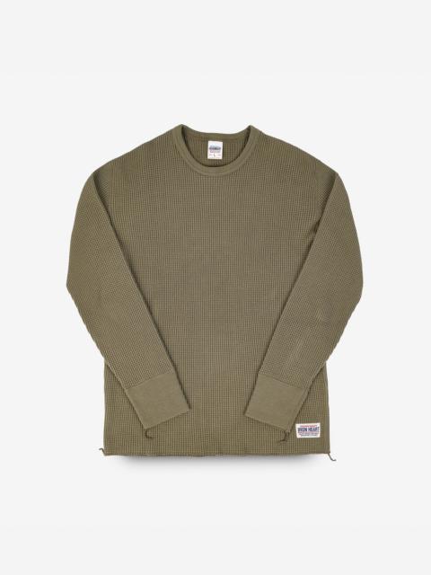 WAFFLE KNIT LONG SLEEVED CREW NECK THERMAL TOP - OLIVE