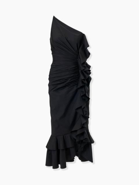Asymmetric Ruched Midi Dress with Ruffles