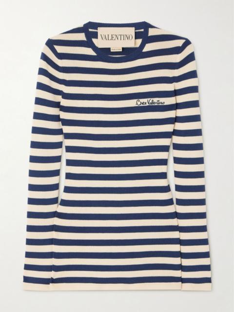 Embroidered striped cotton sweater Navy