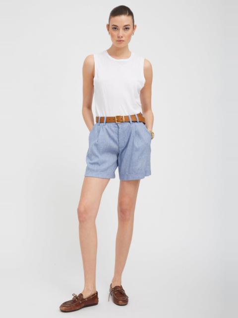BLUE LINEN PLEATED TROUSER SHORTS