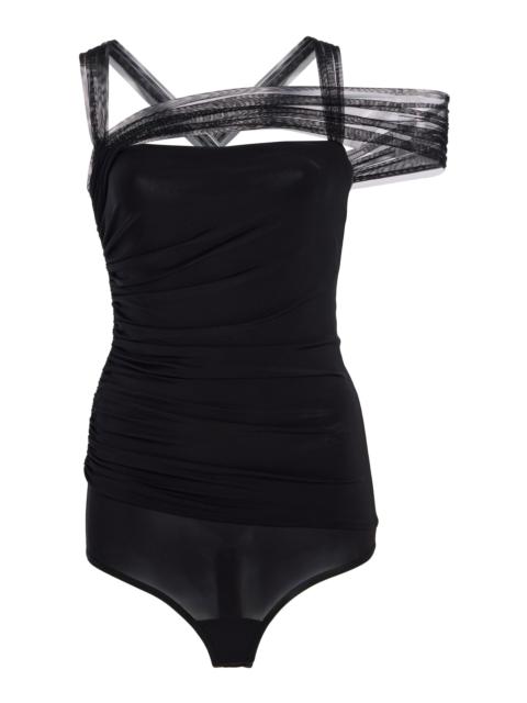 Tulle-Detailed Ruched Jersey Bodysuit black