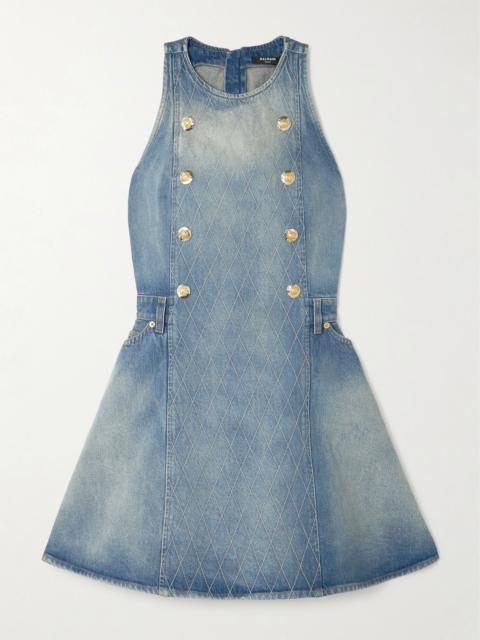 Button-embellished embroidered denim mini dress Light denim