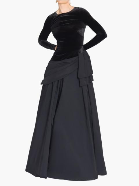STRETCH VELVET LONG SLEEVE DRAPED BOW GOWN