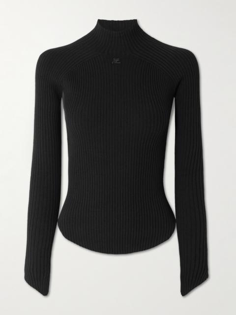 Logo-embroidered Ribbed-knit Mock-neck Top