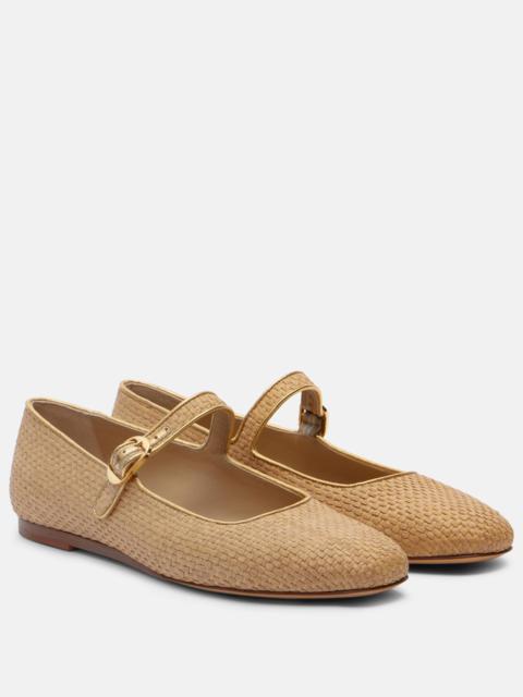 Leather-trimmed raffia Mary Jane flats