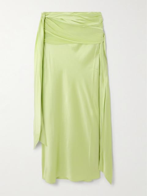 Knot-detailed Gathered Chiffon-trimmed Silk-satin Maxi Skirt