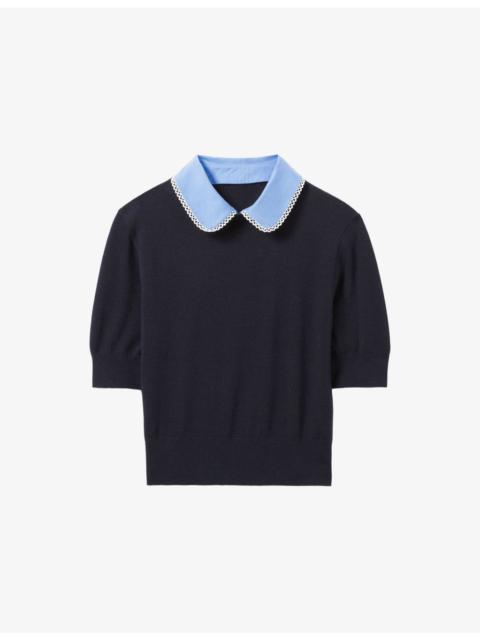 Detachable-Collar Short-Sleeved Knitted Top