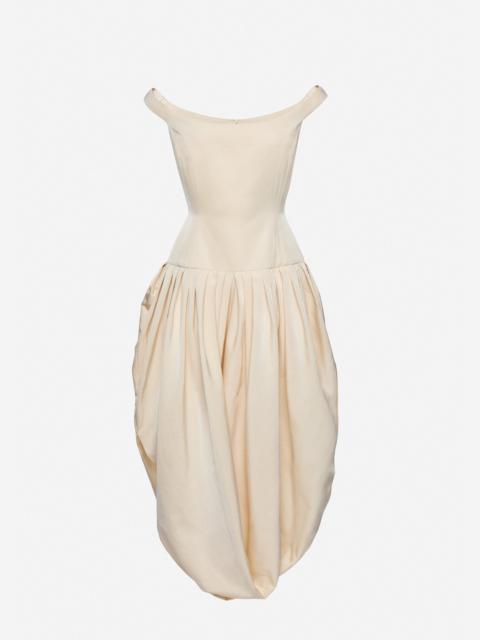 Long off-shoulder draped dress in cream