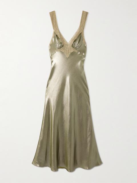 Lace-trimmed Gathered Silk-charmeuse Maxi Dress