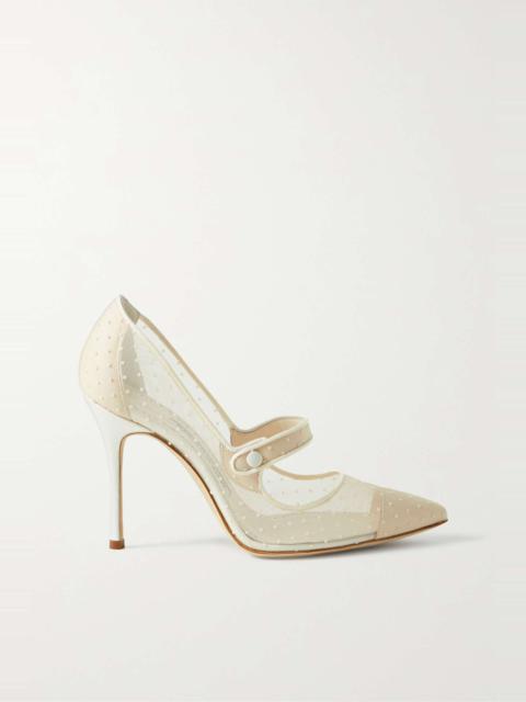 Campari 105 grosgrain and  leather-trimmed point d’esprit mesh Mary Jane pumps