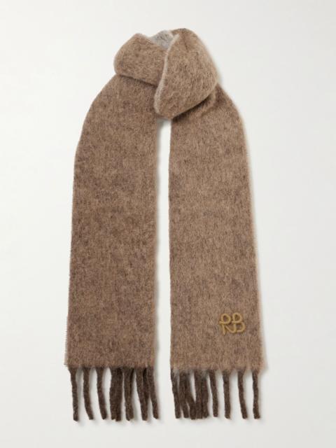 Appliquéd fringed knitted scarf Taupe