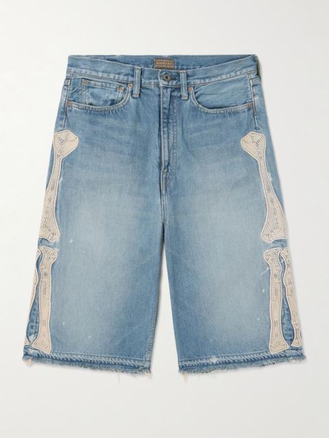 Straight-Leg Appliquéd Distressed Denim Shorts Blue