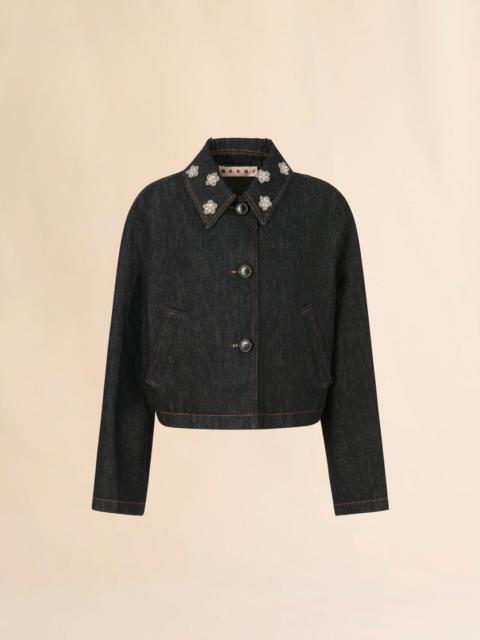BLACK DENIM JACKET WITH DAISY APPLIQUÉS