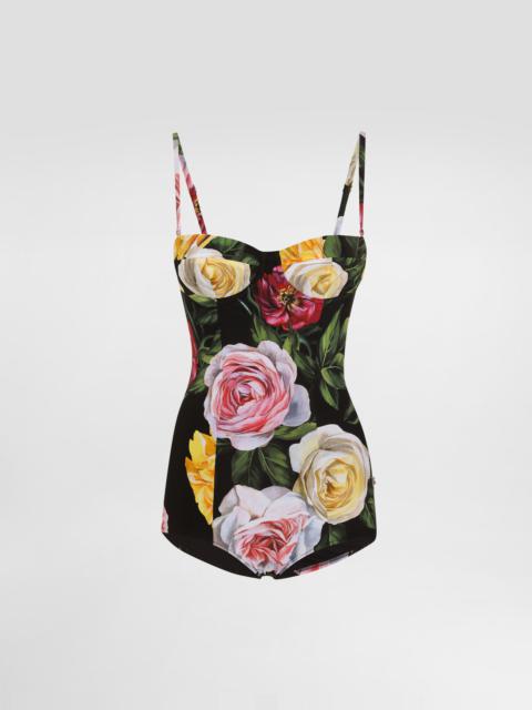 One-piece swimsuit with rose and peony print