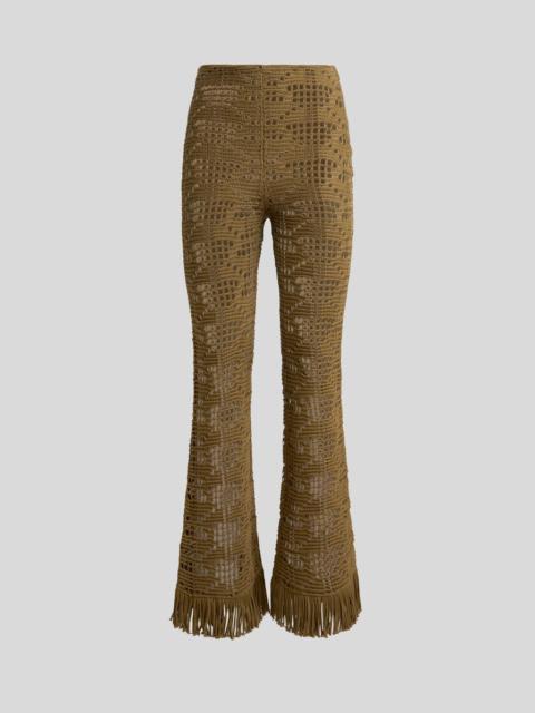 CROCHET-EFFECT COTTON FLARED TROUSERS WITH FRINGING
