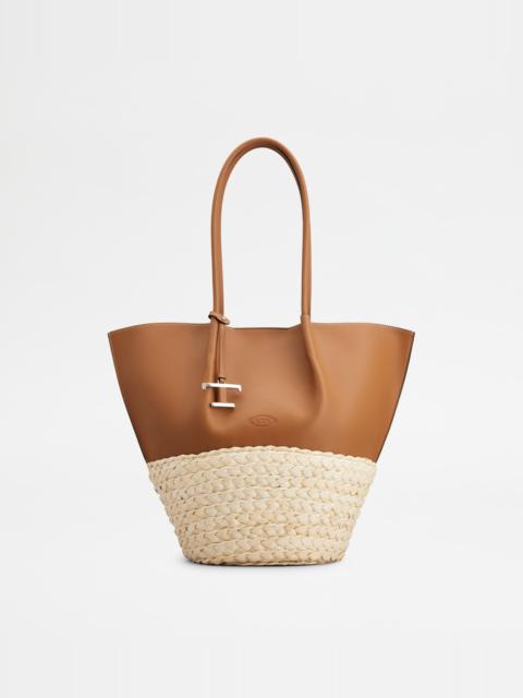 SHOPPING BAG IN STRAW AND LEATHER MEDIUM - BROWN, NATURAL