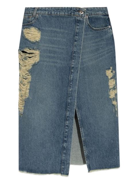 distressed slit-front denim skirt