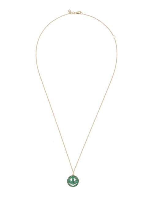 Medium Happy Face 14K Yellow Gold Emerald Necklace green
