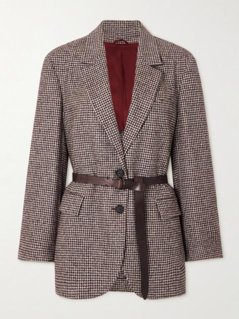 Belted Bead-embellished Houndstooth Wool-blend Jacket