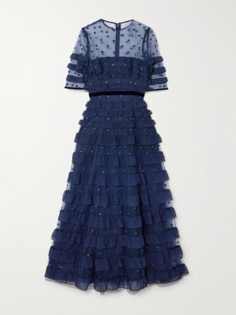 Velvet-trimmed Point D'esprit And Ruffled Chiffon Midi Dress