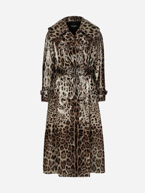 Leopard-print coated satin trench coat