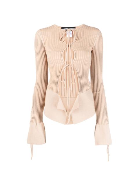 tie-fastening long-sleeve knitted top