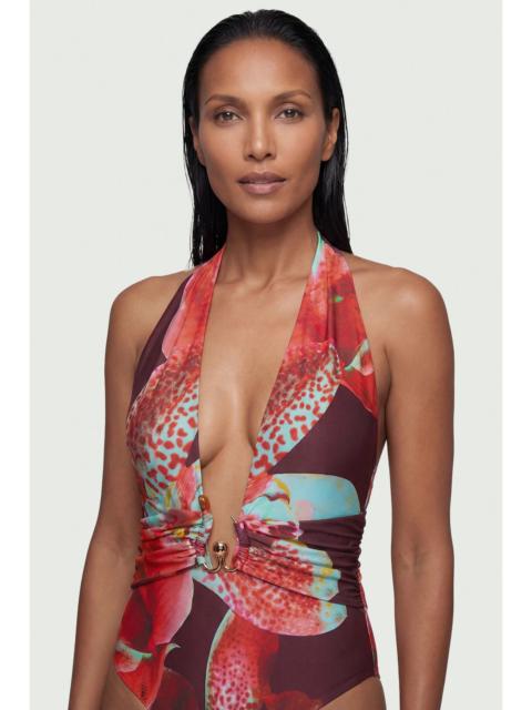 Photographic Floral Plunge Swimsuit With Stone Detail