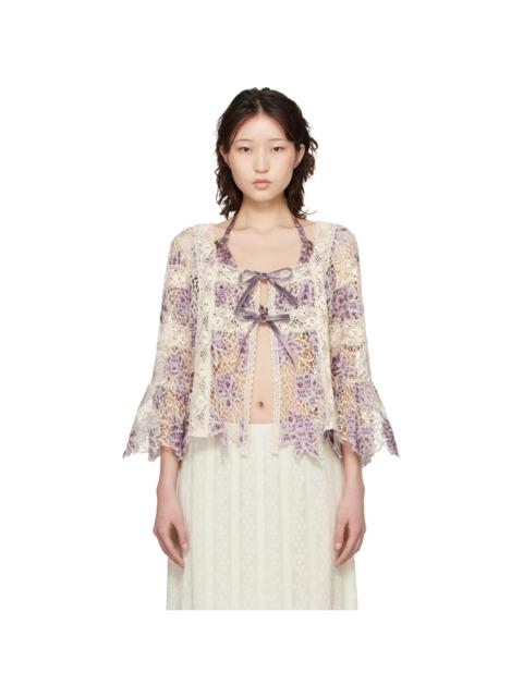 Purple & Off-White Medallion Floral Lace Tie Blouse