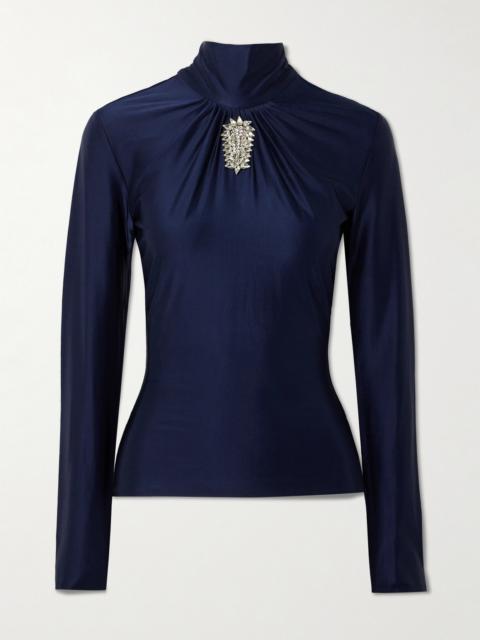 Crystal-embellished Gathered Satin-jersey Top
