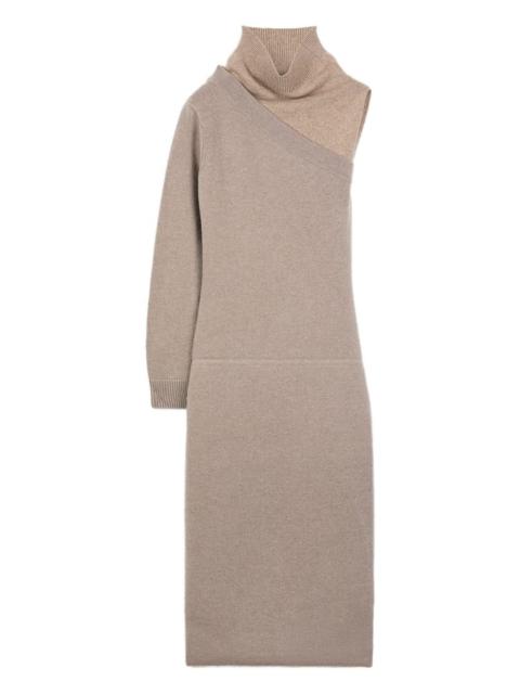 single-sleeve turtleneck midi dress