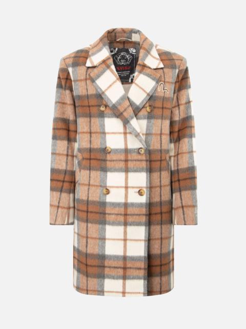 SEAGULL EMBROIDERY CHECKED WOOL-BLEND COAT