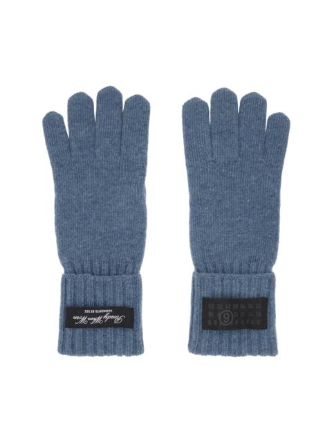 Blue Wool-Blend Knit Gloves