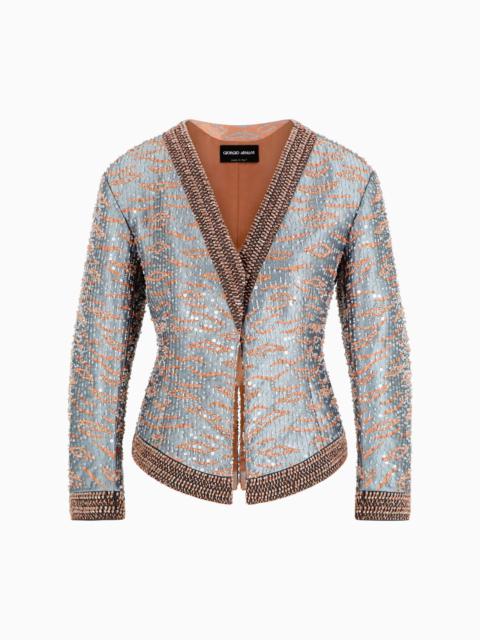 SINGLE-BREASTED SHORT JACKET IN AN EMBROIDERED SILK BLEND