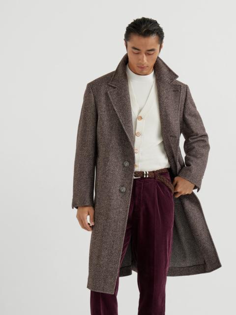 Cashmere and silk chevron flannel coat with metal buttons