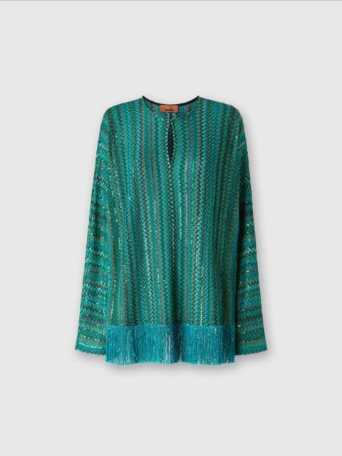 Zigzag long-sleeved blouse with sequins and fringes