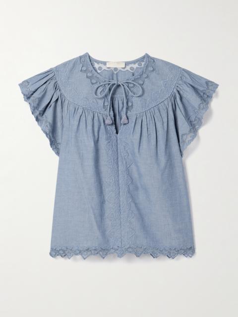 Effie Embroidered Mesh-trimmed Cotton-chambray Blouse