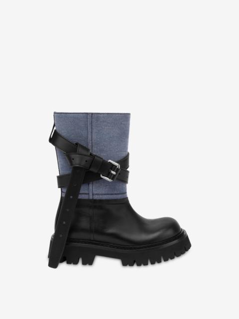 DENIM AND CALF ANKLE BOOTS