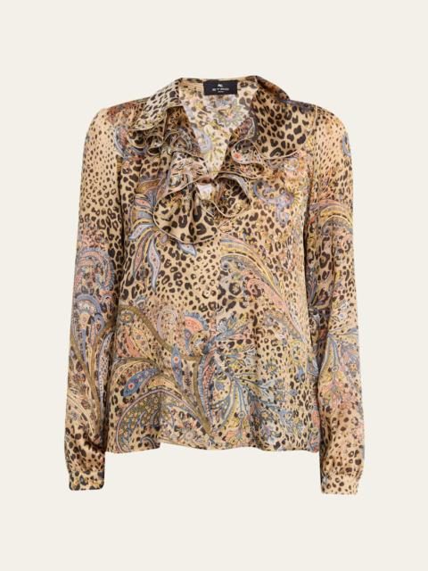 Leopard Paisley-Print Silk Ruffle Blouse