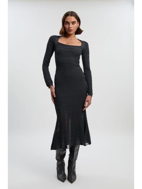 Pointelle Stitch Detail Sheer Panel Knit Midi Dress